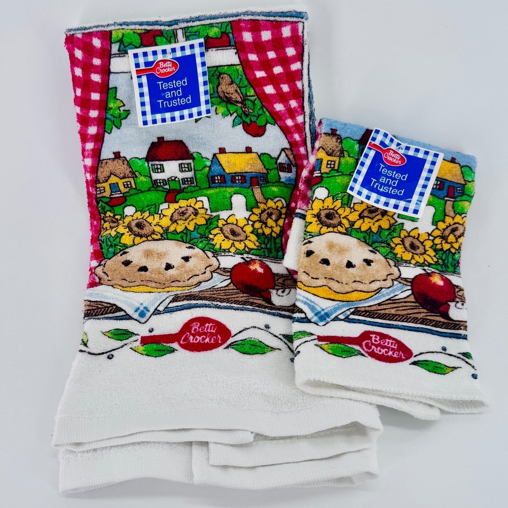 Vintage Betty Crocker Kitchen Towel Set of 2 Cottagecore Pie Sunflowers New‎